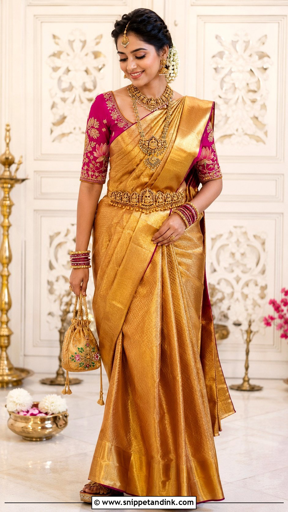Lotus Embroidery Blouse With Kanjeevaram Saree - Snippet and Ink - 20 Grand Blouse Designs for Marriage