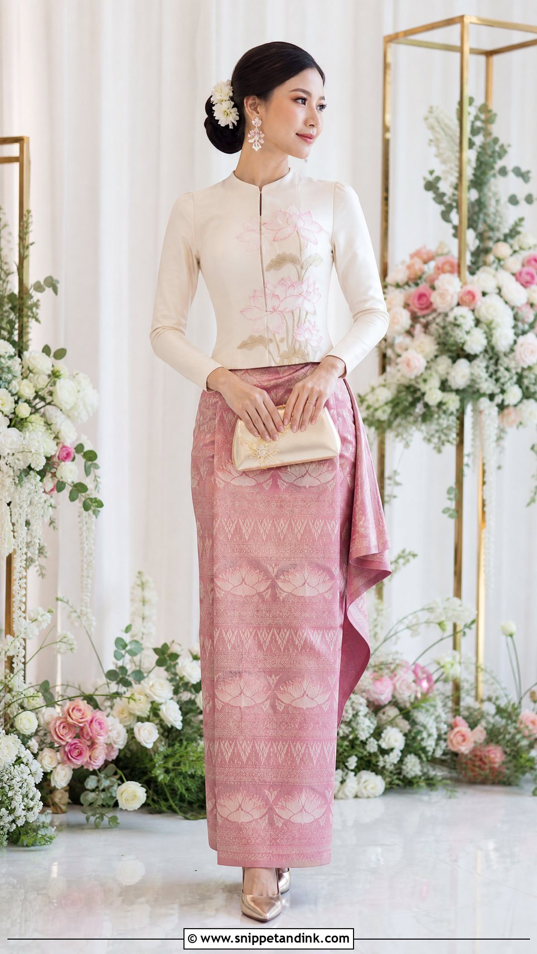 Lotus Motif Myanmar Wedding Dress - Snippet and Ink - 25 Myanmar Wedding Dress Design Ideas