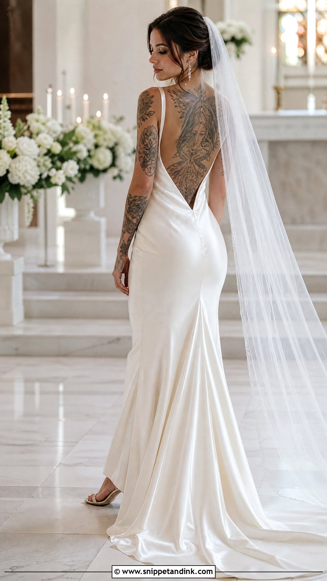 Low Back Satin Wedding Dress With Back Tattoo - Snippet and Ink - 20 Wedding Dress with Tattoos Brides Ideas