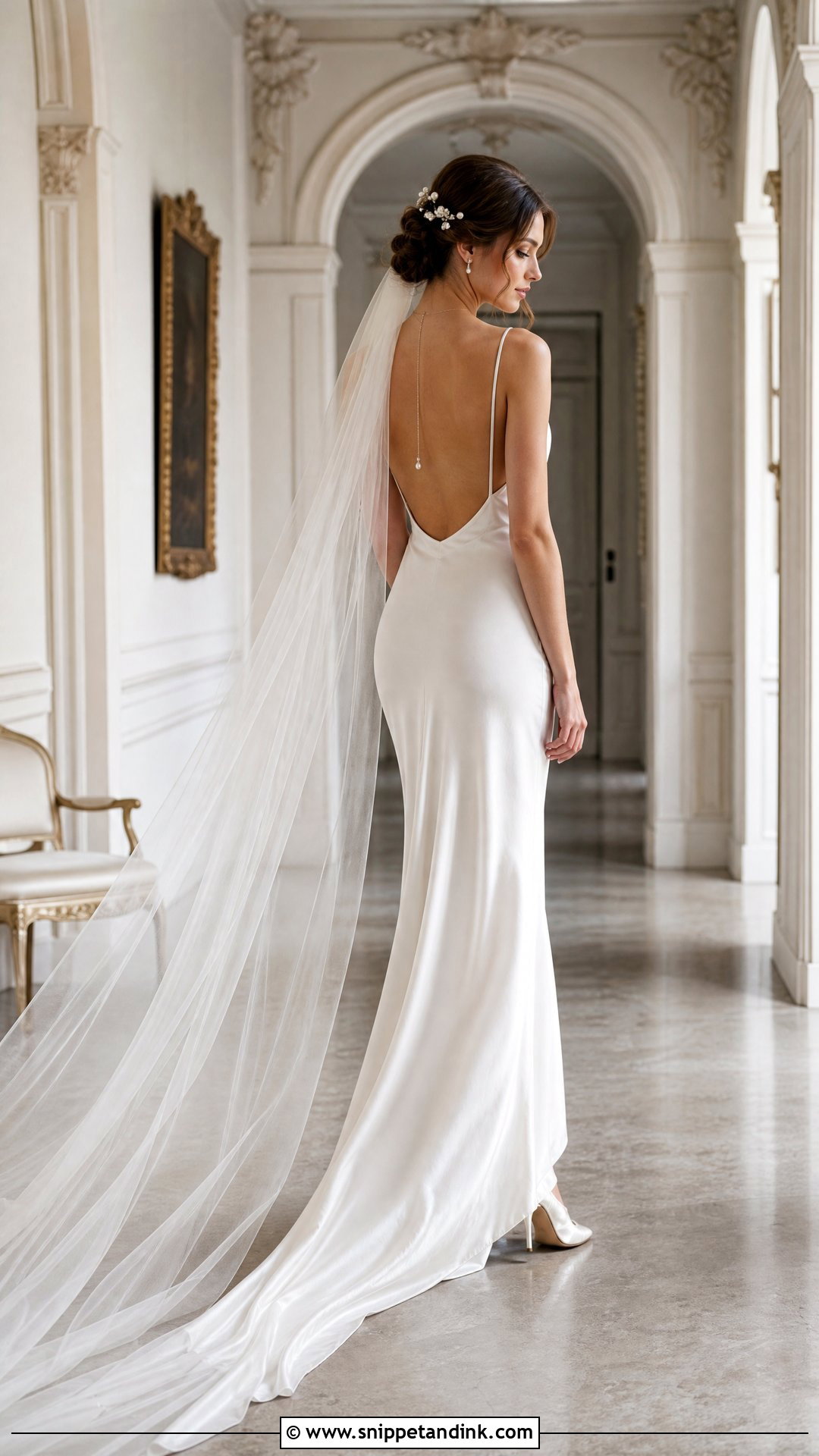 Low Back Silk Slip Wedding Dress With Cathedral Veil - Snippet and Ink - 20 Silk Slip Wedding Dress Ideas