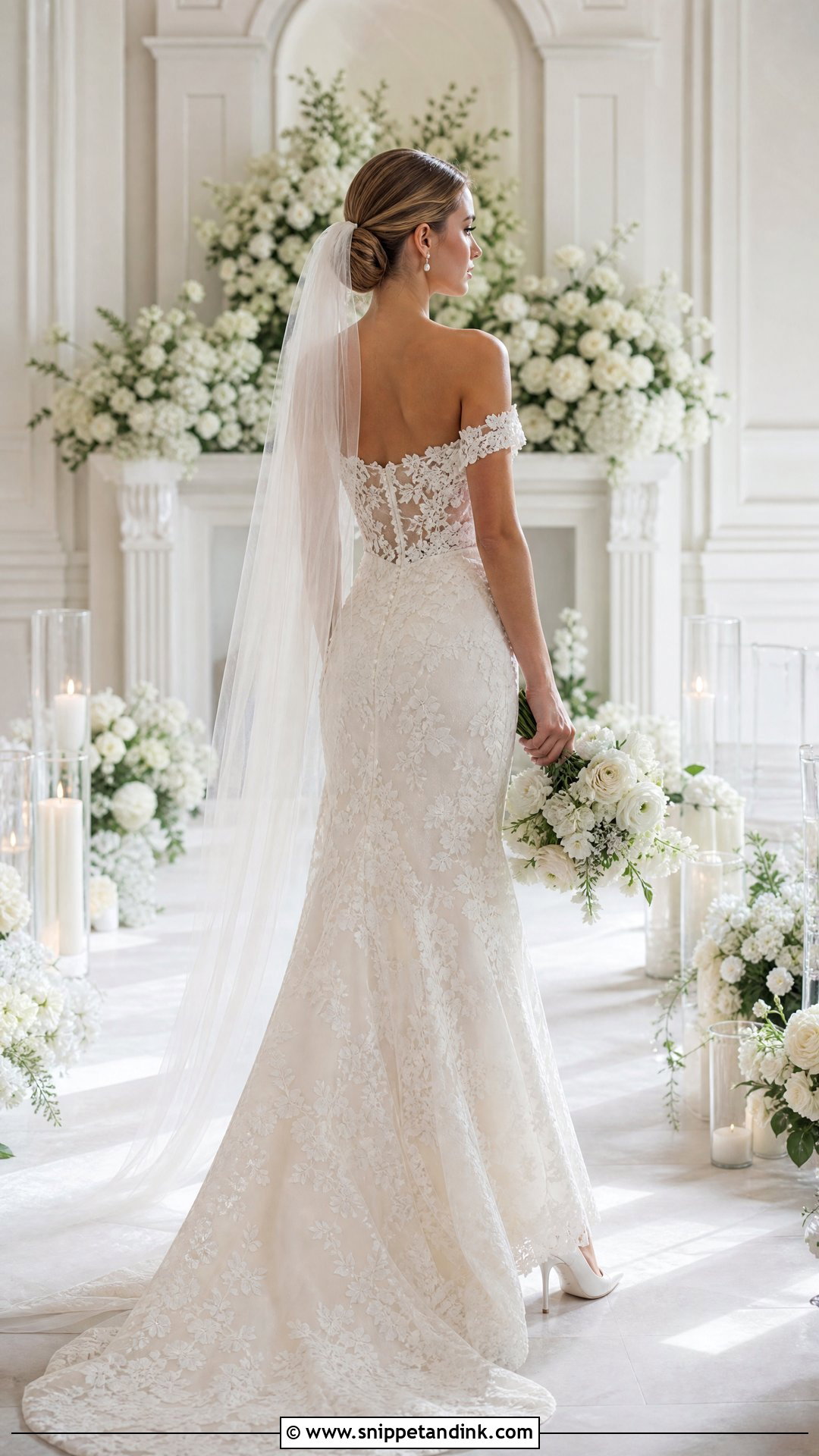 Low Chignon for Off the Shoulder Wedding Dress - Snippet and Ink - 25 Off the Shoulder Wedding Dress Hairstyle Ideas