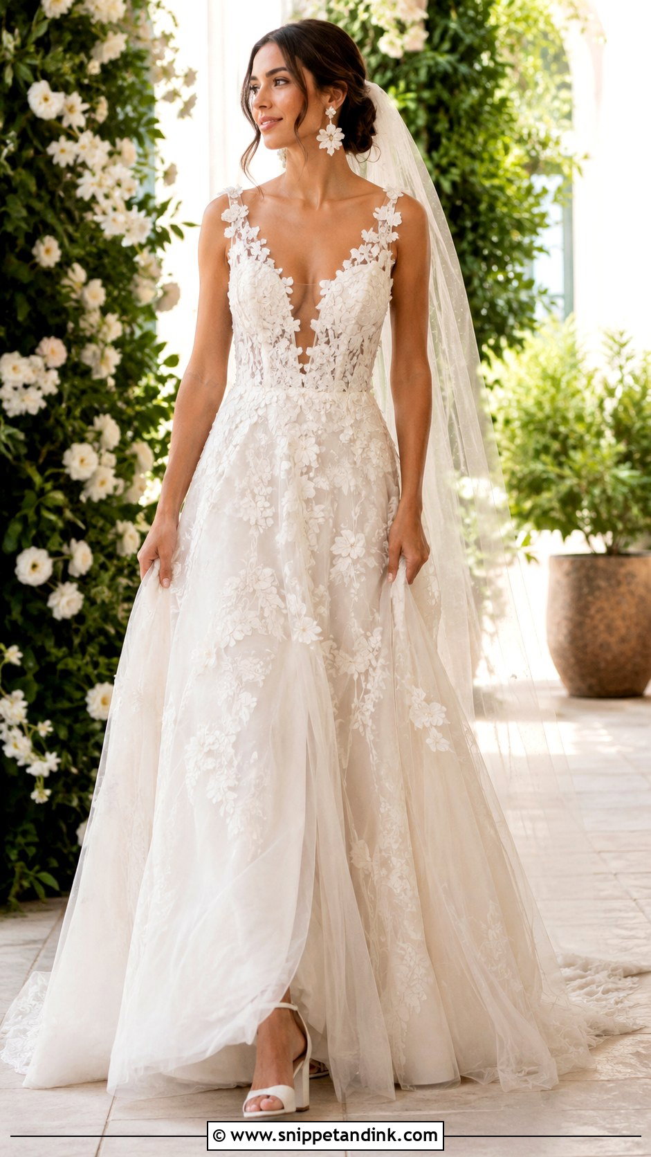 Low Cut Floral Applique Wedding Dress - Snippet and Ink - 20 Low Cut Wedding Dress Ideas