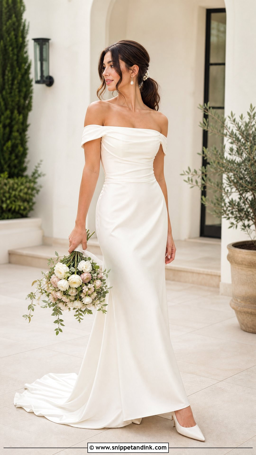 Low Ponytail for Off the Shoulder Wedding Dress - Snippet and Ink - 25 Off the Shoulder Wedding Dress Hairstyle Ideas