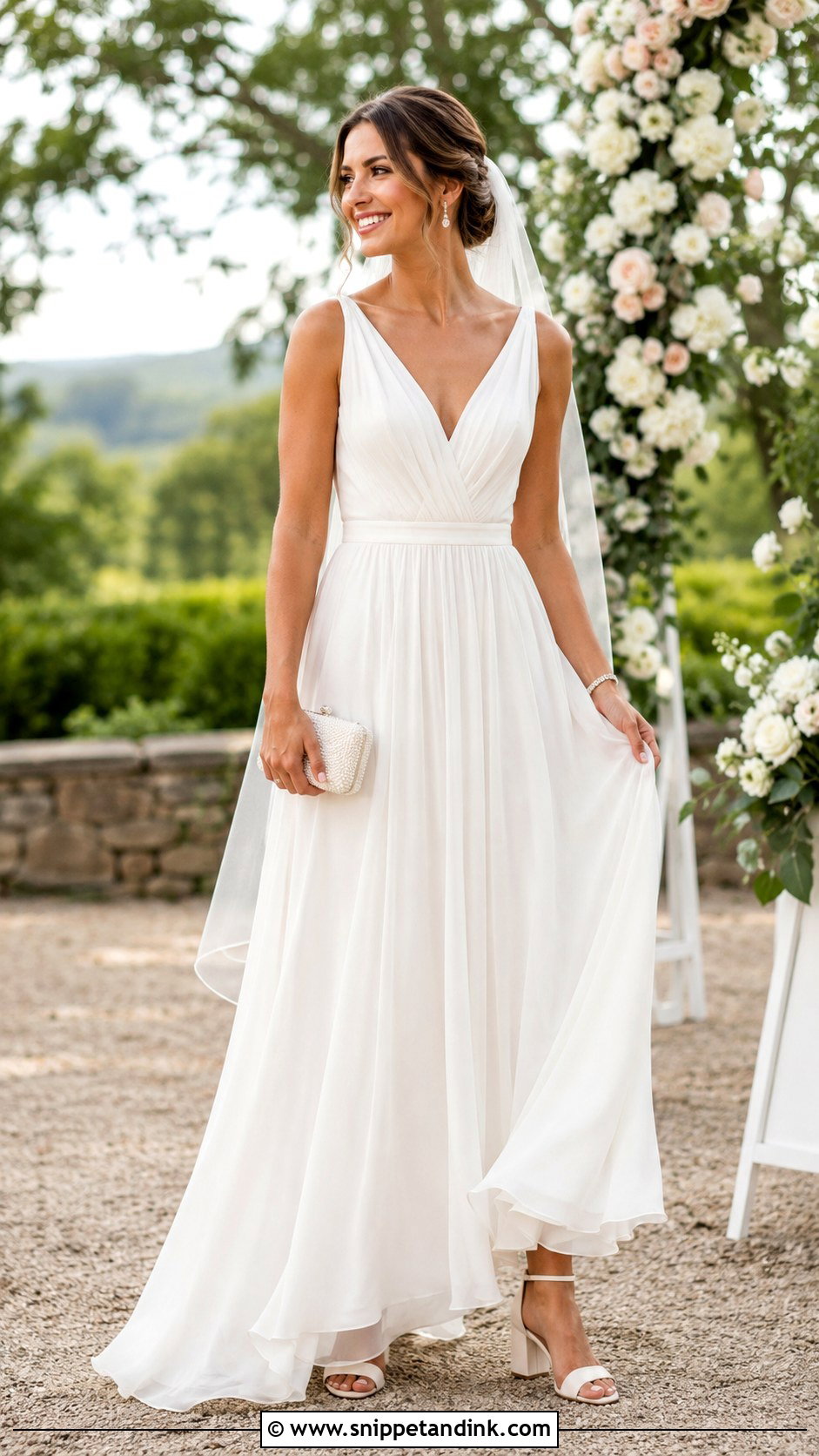 Low Wedding Heels With Chiffon A Line Dress - Snippet and Ink - 20 Aesthetic Wedding Heels Ideas