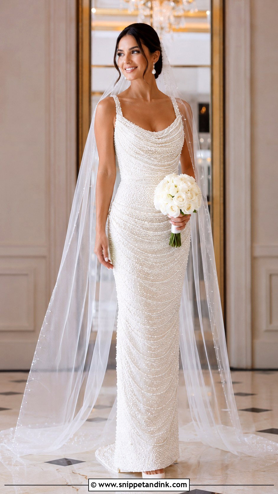 Mac Duggal Ivory Draped Pearl Embellished Column Gown - Snippet and Ink - 20 Mac Duggal Wedding Dresses
