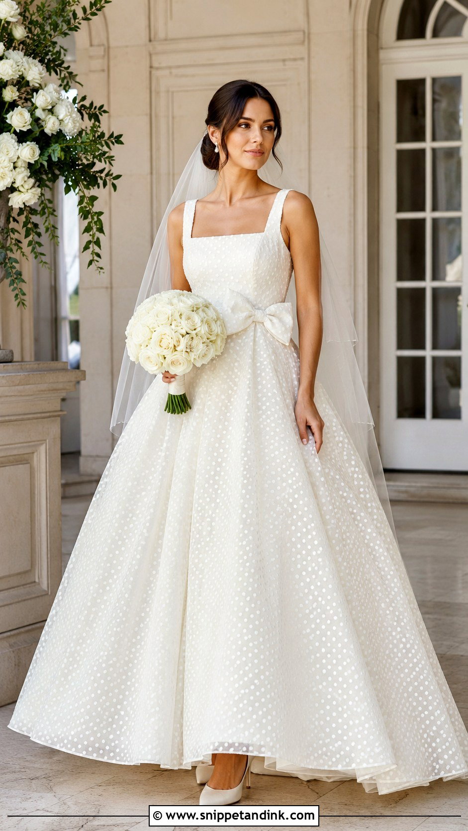 Mac Duggal Ivory Polka Dot Square Neck Ball Gown With Bow - Snippet and Ink - 20 Mac Duggal Wedding Dresses