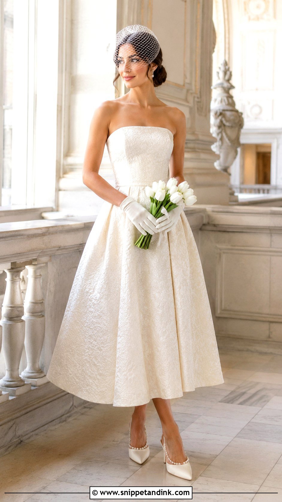 Mac Duggal Ivory Strapless Brocade Tea Length Dress - Snippet and Ink - 20 Mac Duggal Wedding Dresses