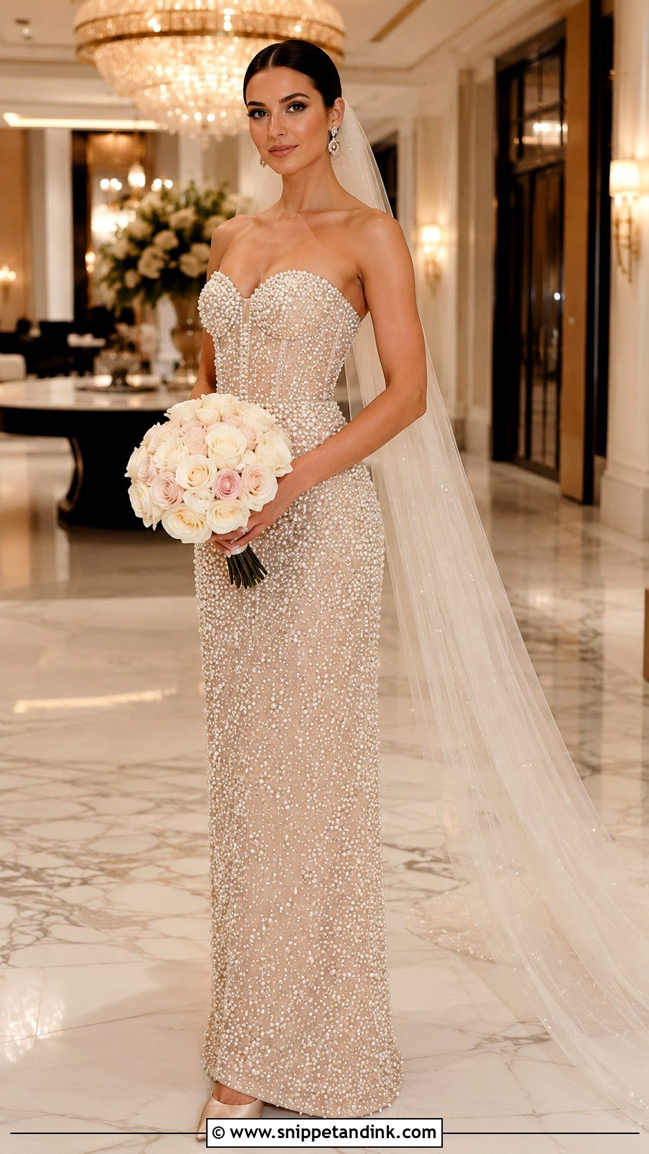 Mac Duggal Nude Pearl Embellished Bustier Column Gown - Snippet and Ink - 20 Mac Duggal Wedding Dresses