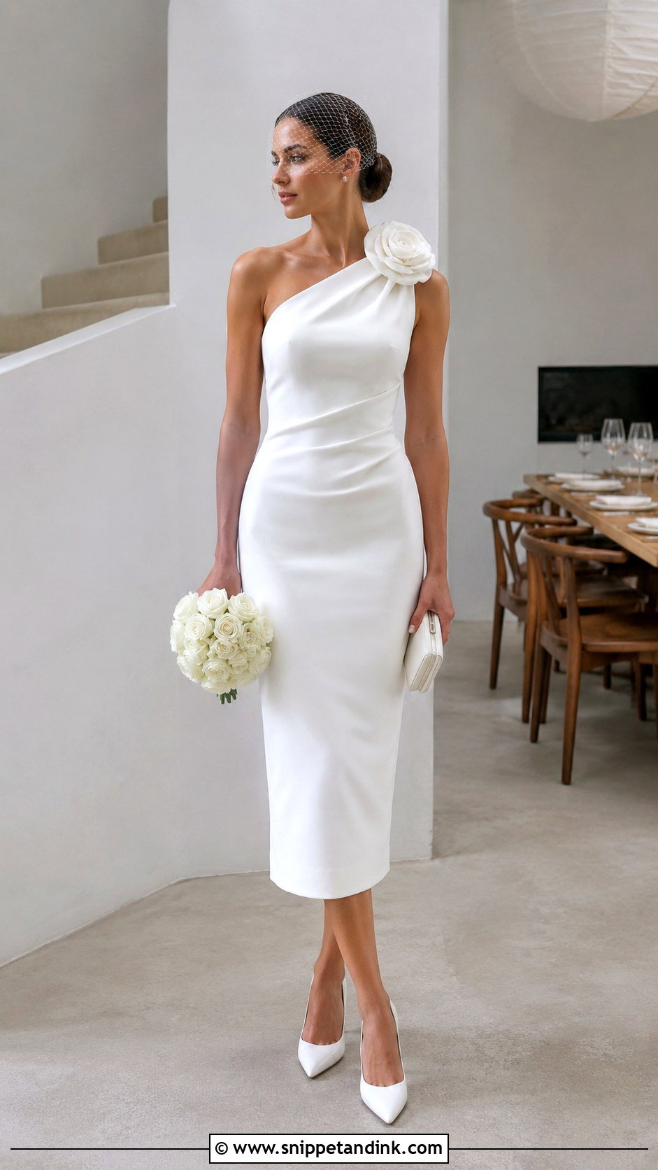 Mac Duggal White Crepe One Shoulder Midi Dress With Flower - Snippet and Ink - 20 Mac Duggal Wedding Dresses