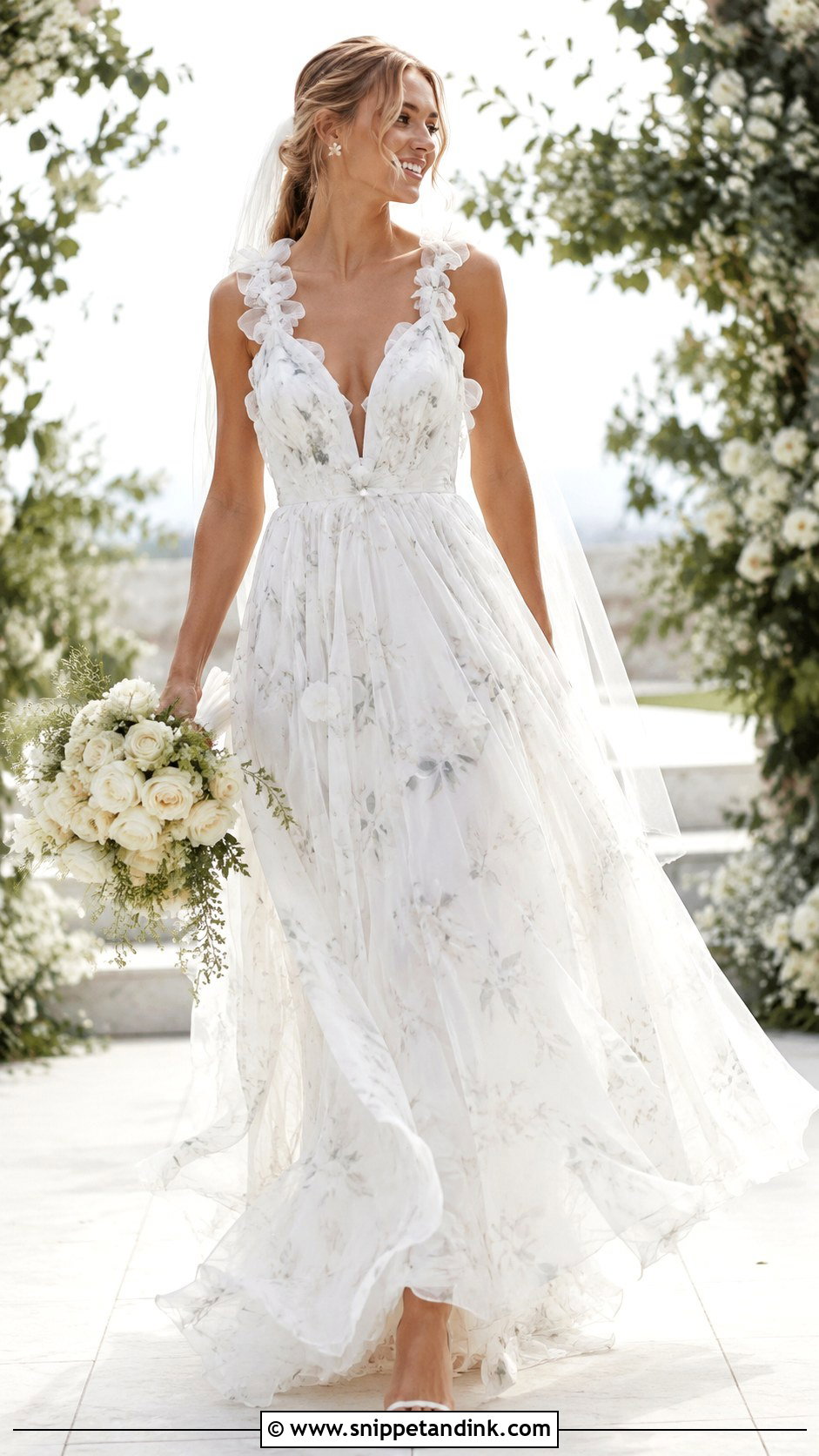 Mac Duggal White Floral Chiffon Ruffle Gown With 3D Flower Straps - Snippet and Ink - 20 Mac Duggal Wedding Dresses