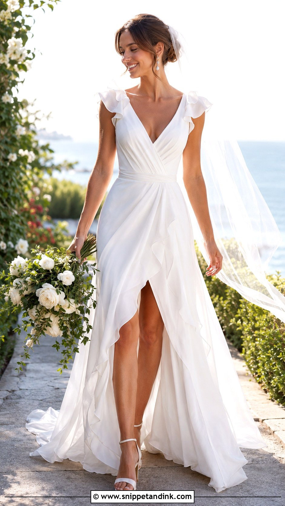 Mac Duggal White Ruffle Shoulder V Neck Chiffon Gown - Snippet and Ink - 20 Mac Duggal Wedding Dresses