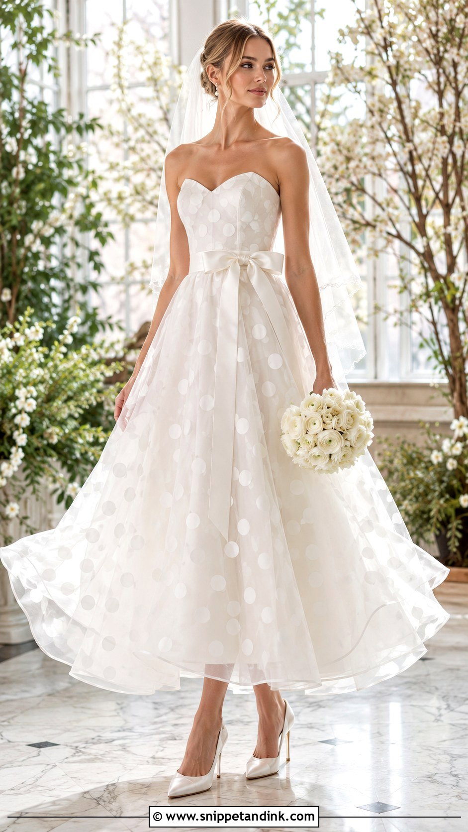 Mac Duggal White Strapless Polka Dot Organza Gown With Satin Bow - Snippet and Ink - 20 Mac Duggal Wedding Dresses