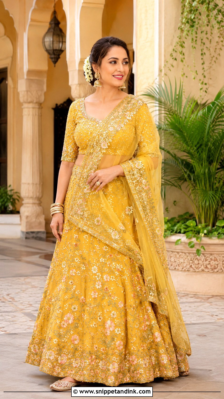 Madhuri Dixit Embroidered Lehenga Haldi Outfit - Snippet and Ink - 20 Celebrity Haldi Outfit Ideas