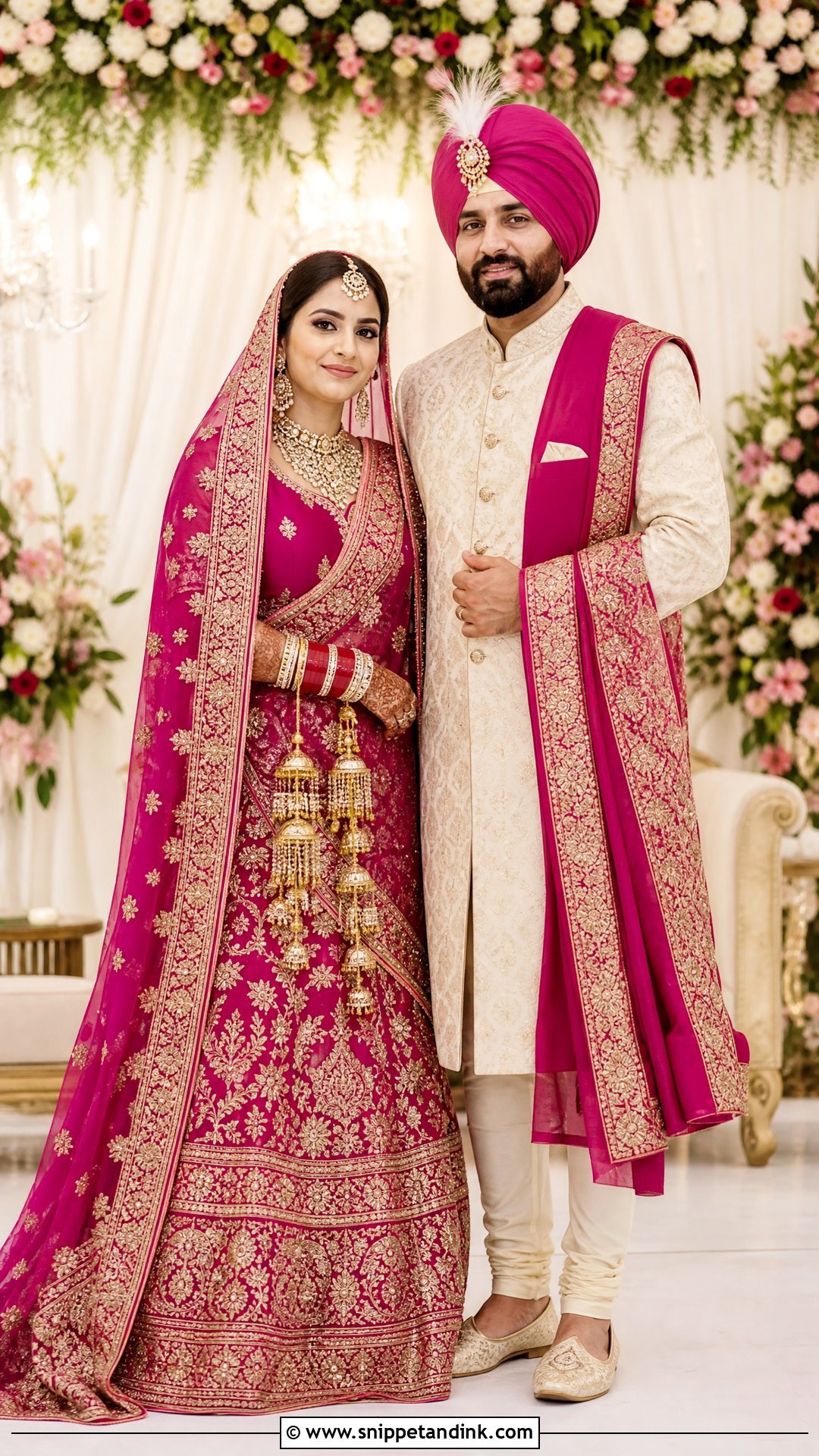 Magenta Bridal Lehenga And Cream Punjabi Sherwani - Snippet and Ink - 25 Indian Wedding Couple Dress Ideas