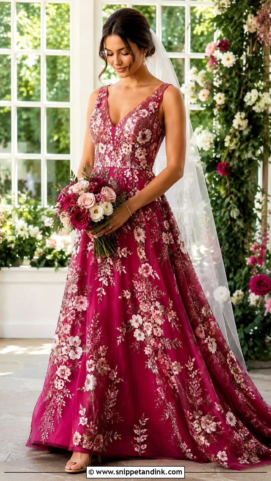 Magenta Floral Embroidered Wedding Dress - Snippet and Ink - 20 Magenta Wedding Dress Ideas