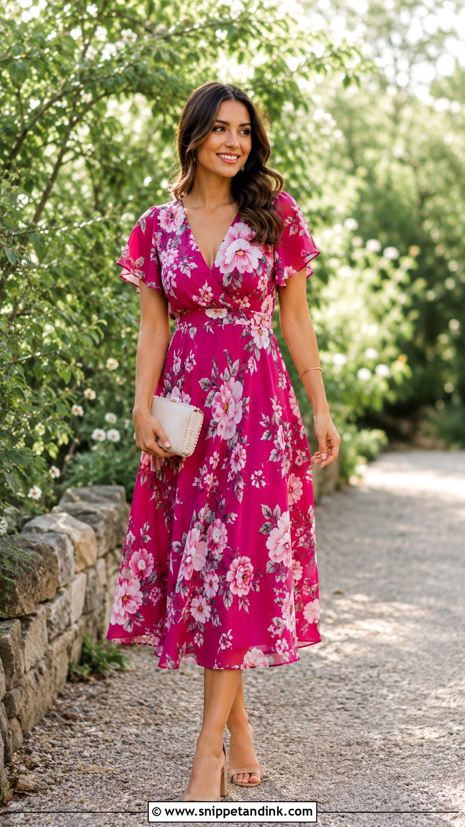 Magenta Floral Midi Dress Wedding Outfit - Snippet and Ink - 25 Magenta Dress Outfit Wedding Ideas