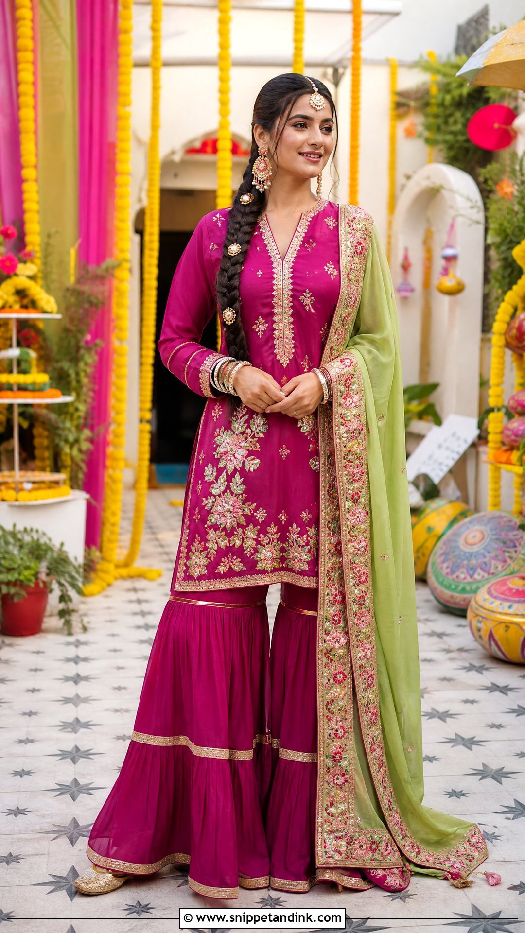 Magenta Gharara With Green Dupatta - Snippet and Ink - 25 Jaago Outfit Ideas