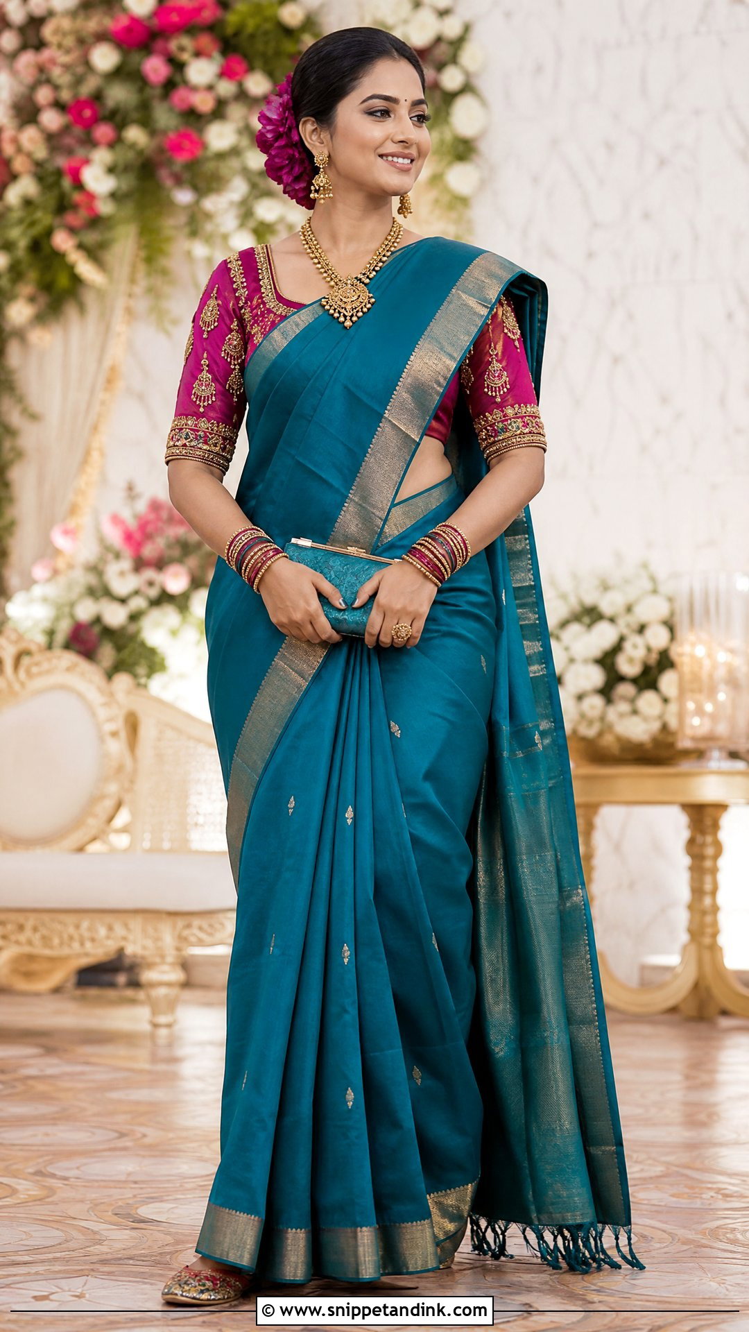 Magenta Jhumka Maggam Work Blouse With Teal Saree - Snippet and Ink - 20 Wedding Maggam Work Blouse Designs