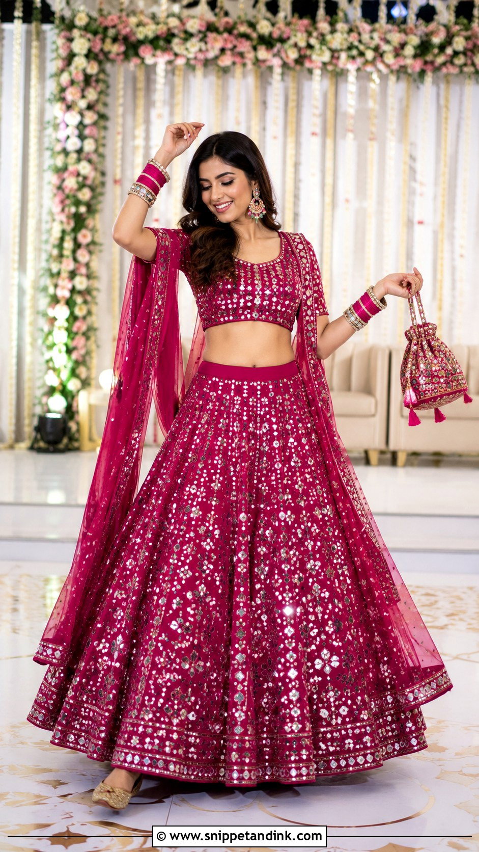 Magenta Lehenga With Mirror Work Bangles - Snippet and Ink - 20 Bridal Bengal Set Ideas