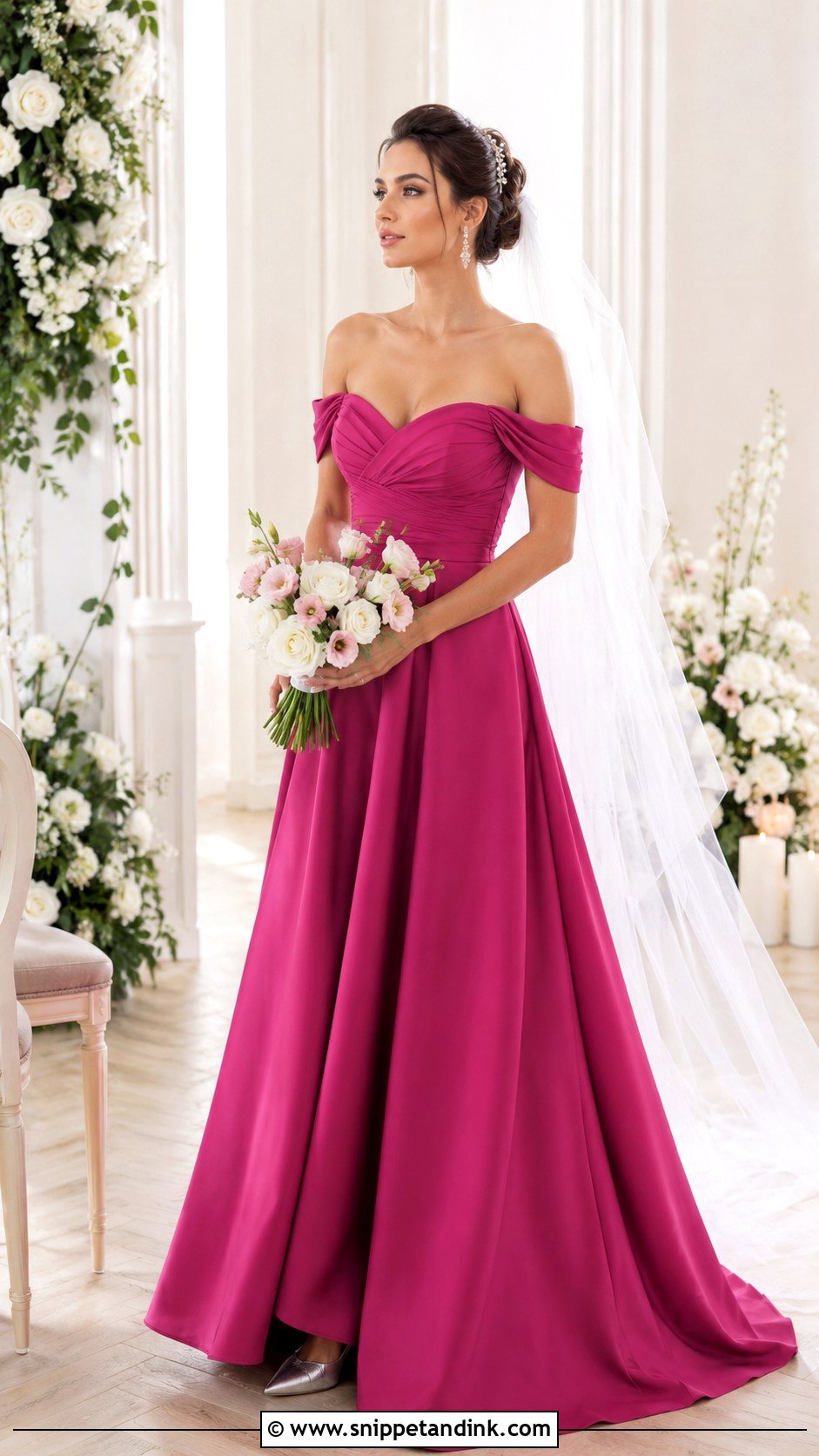 Magenta Off Shoulder Wedding Dress - Snippet and Ink - 20 Magenta Wedding Dress Ideas