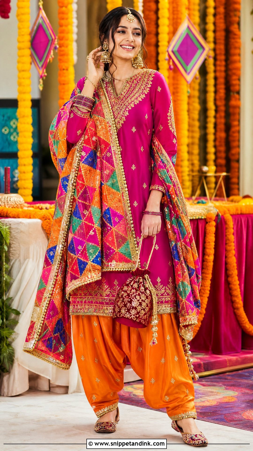 Magenta Punjabi Suit With Gold Juttis - Snippet and Ink - 20 Punjabi Wedding Suit Party Wear Ideas