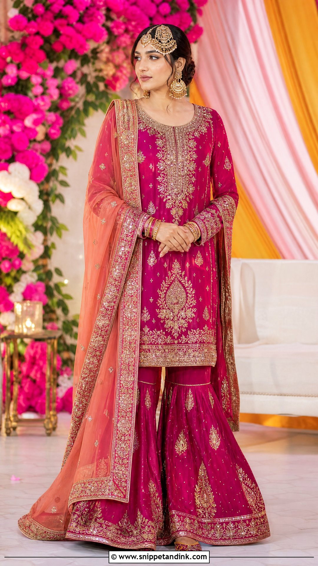 Magenta Sangeet Long Shirt With Gharara - Snippet and Ink - 20 Pakistani Bridal Sangeet Outfit Ideas