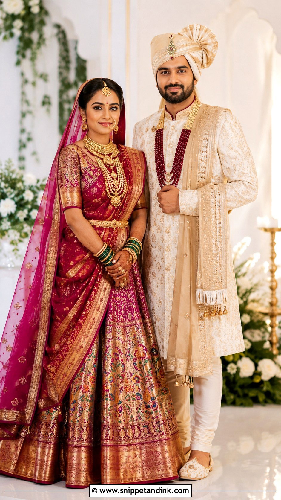 Maharashtrian Bride Lehenga And Groom Sherwani Outfit - Snippet and Ink - 25 Maharashtrian Wedding Couple Outfits