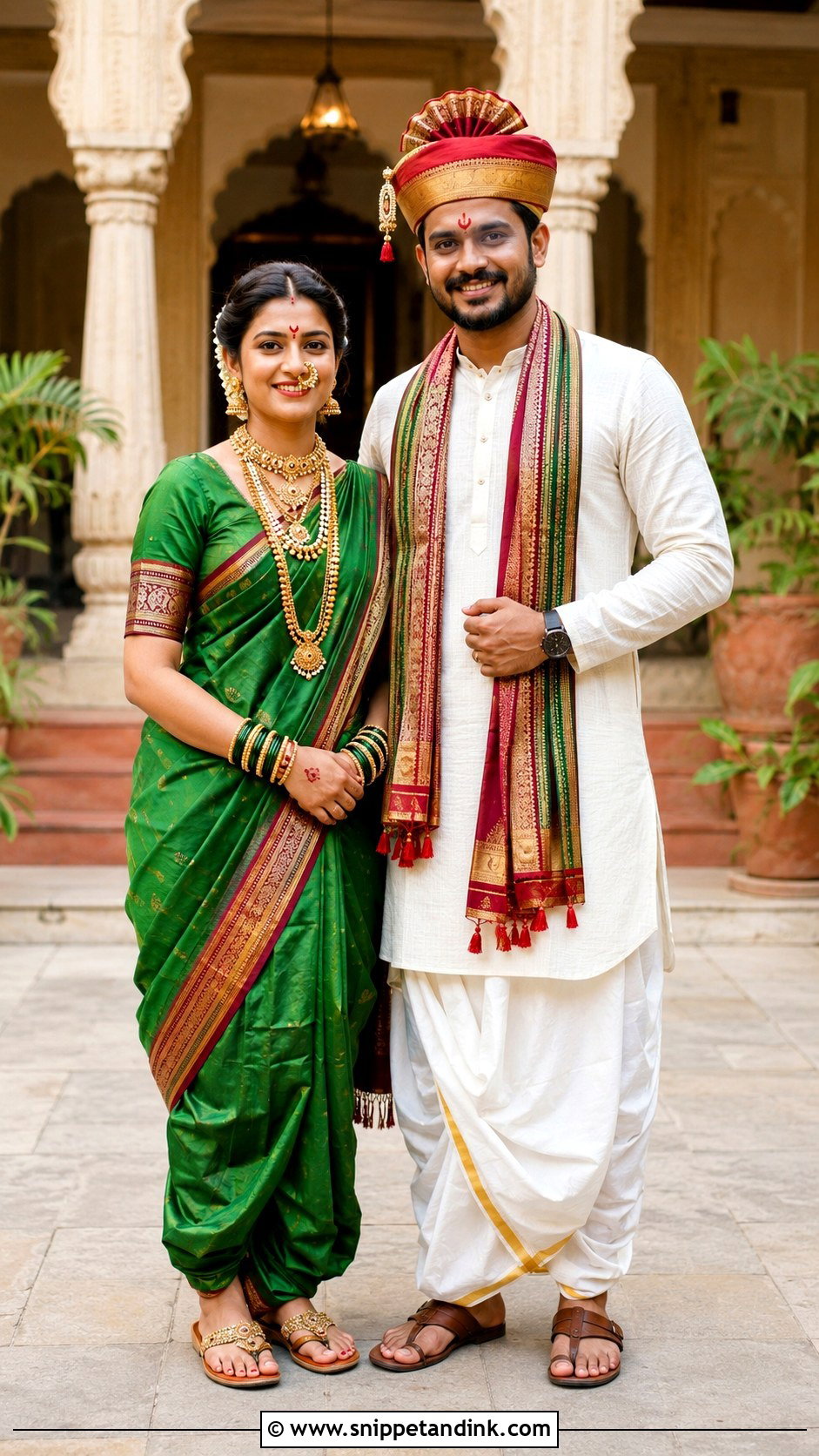 Maharashtrian Nauvari Saree And Kurta Dhoti Outfit - Snippet and Ink - 20 Indian Couple Wedding Outfit Ideas