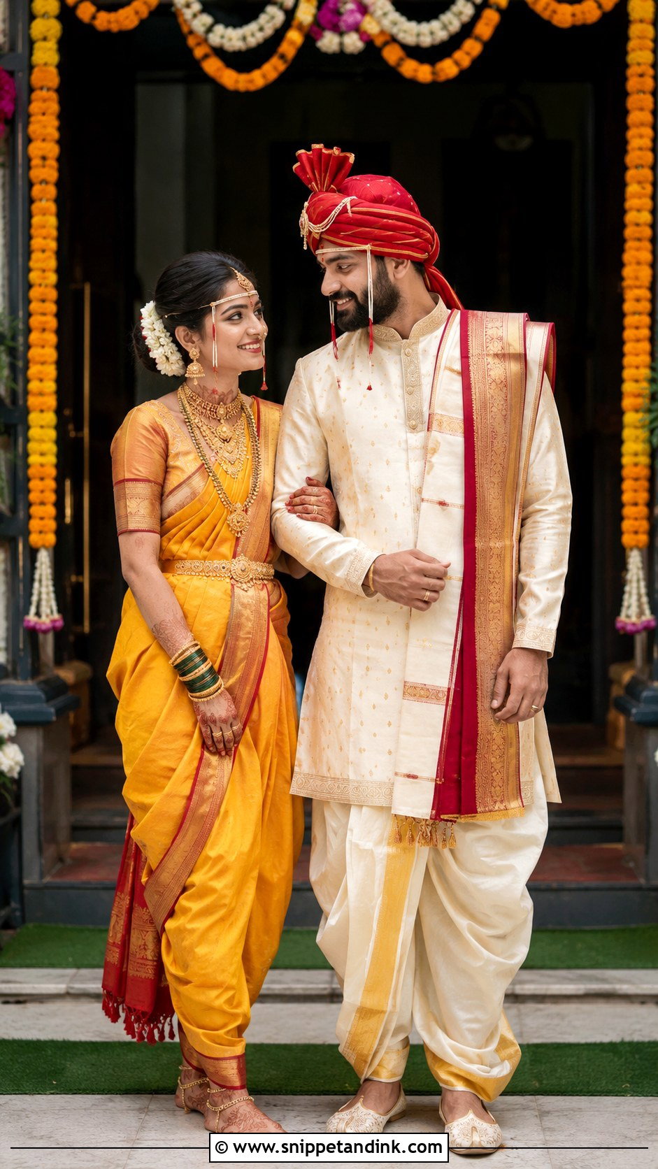 Maharashtrian Nauvari Saree And Pheta Groom Outfit - Snippet and Ink - 25 Maharashtrian Wedding Couple Outfits
