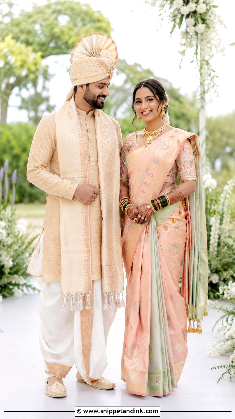 Maharashtrian Outdoor Wedding Couple Outfit - Snippet and Ink - 25 Maharashtrian Wedding Couple Outfits