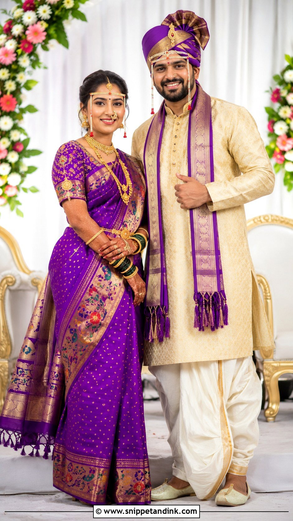 Maharashtrian Paithani Saree And Dhoti Kurta Couple Outfit - Snippet and Ink - 25 Maharashtrian Wedding Couple Outfits