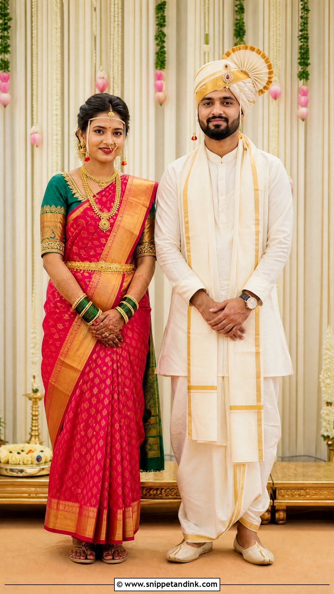 Maharashtrian Paithani Saree With Dhoti Kurta - Snippet and Ink - 25 Indian Hindu Couple Wedding Dress Ideas