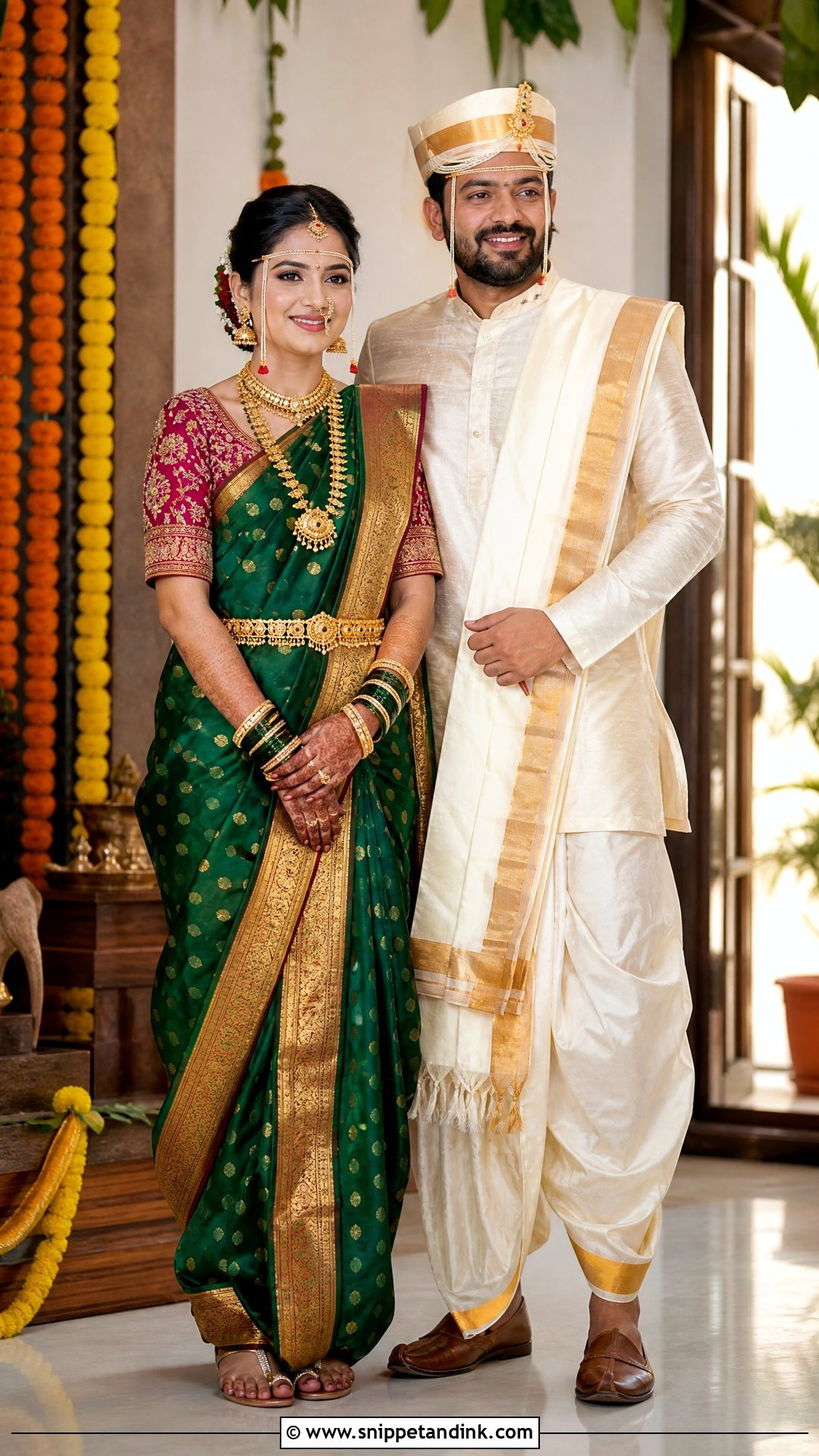 Maharashtrian Sari And Cream Kurta Couple Outfit - Snippet and Ink - 20 Indian Bridal Couple Dress Ideas
