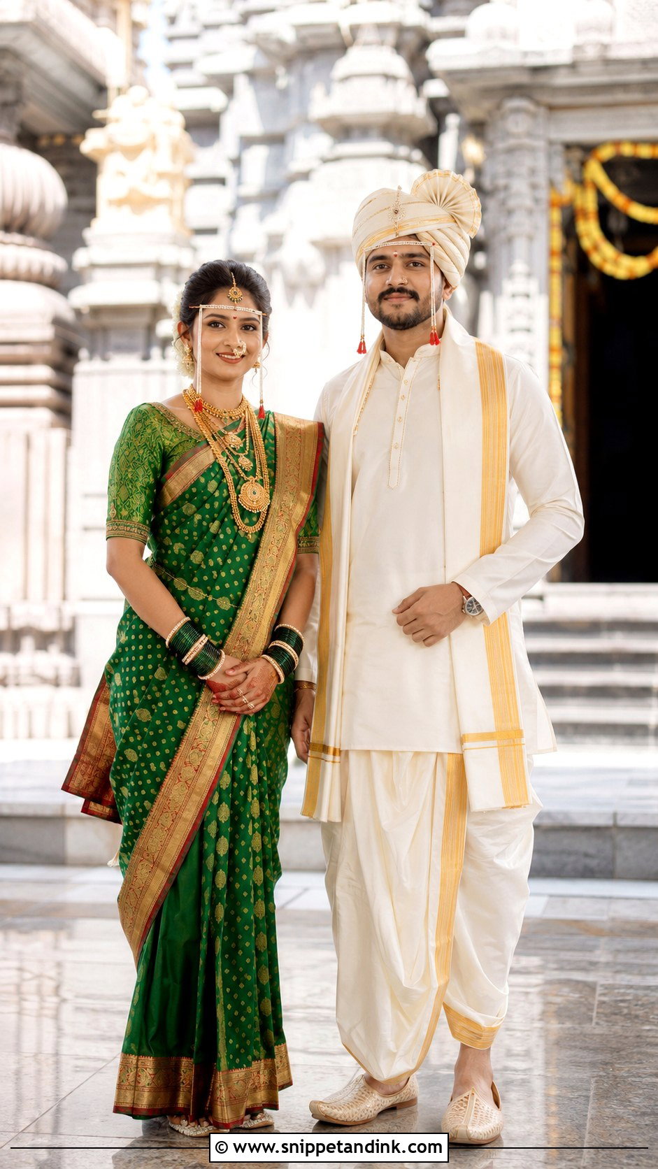 Maharashtrian Temple Wedding Couple Outfit - Snippet and Ink - 25 Maharashtrian Wedding Couple Outfits