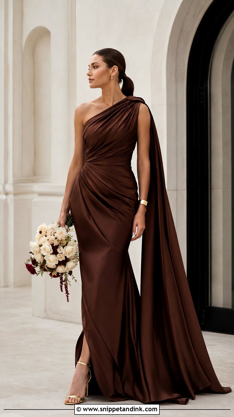 Mahogany Brown One Shoulder Wedding Dress - Snippet and Ink - 20 Brown Wedding Dresses