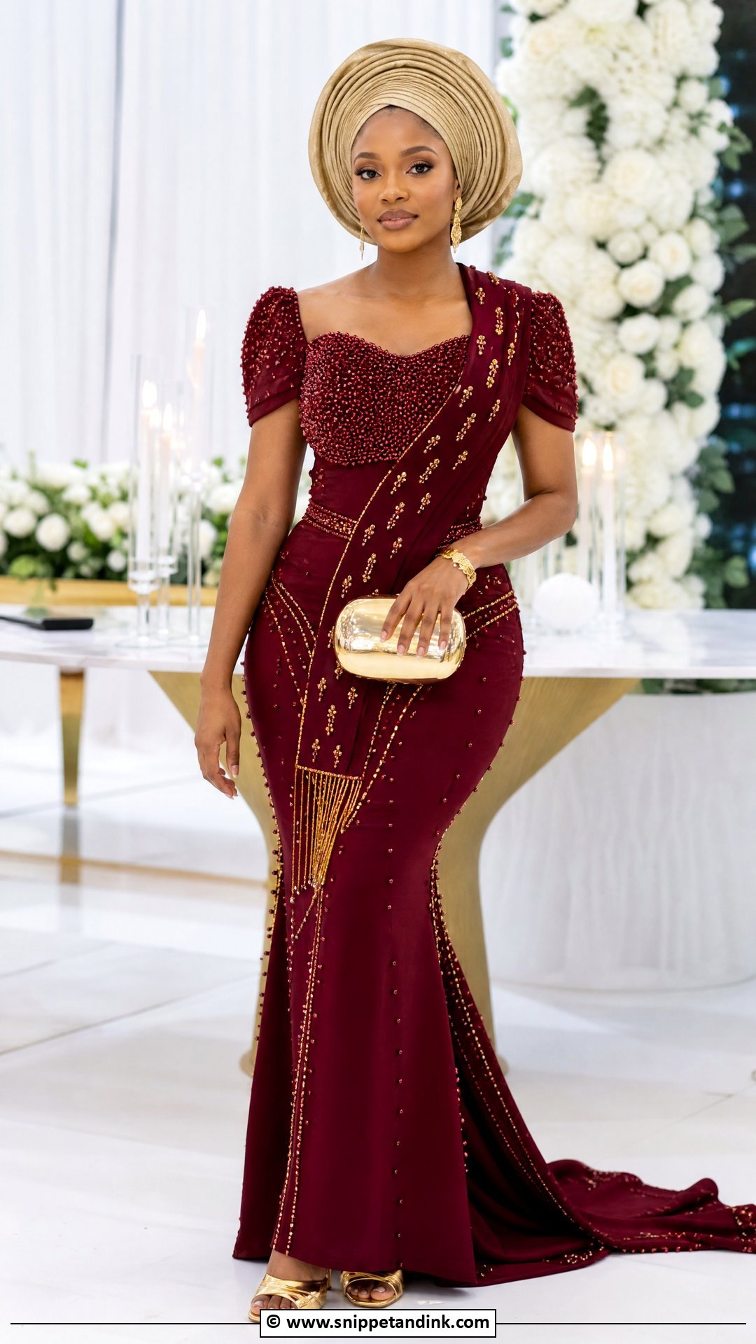 Makoti Burgundy Dress With Gold Accessories - Snippet and Ink - 35 Makoti Attire Ideas
