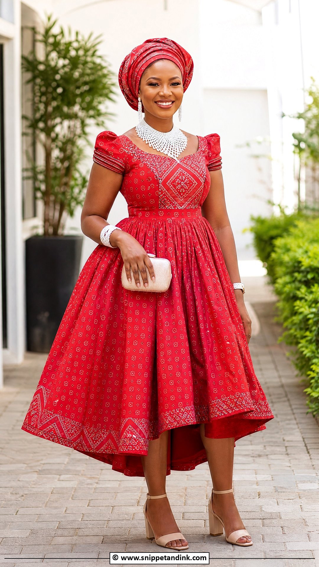 Makoti Red Shweshwe Dress - Snippet and Ink - 35 Makoti Attire Ideas