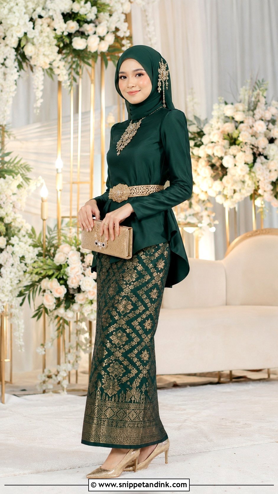 Malaysian Bride Emerald Songket Outfit - Snippet and Ink - 20 Malaysian Bride Ideas