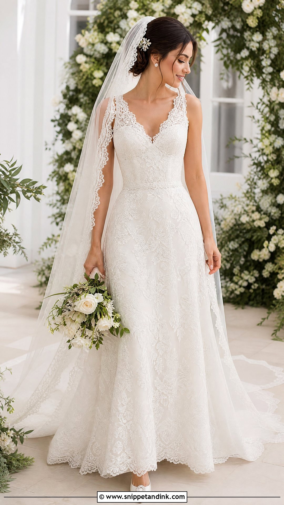 Mantilla Cathedral Veil With Lace A Line Dress - Snippet and Ink - 20 Mantilla Cathedral Veil Ideas