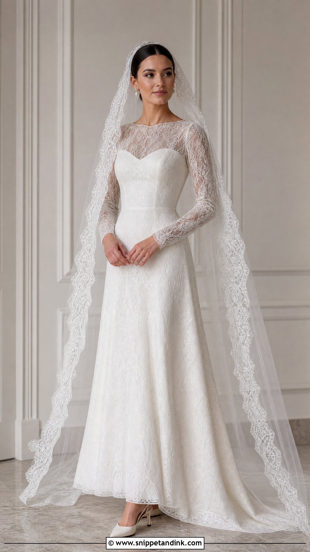 Mantilla Cathedral Veil With Long Sleeve Wedding Dress - Snippet and Ink - 20 Mantilla Cathedral Veil Ideas