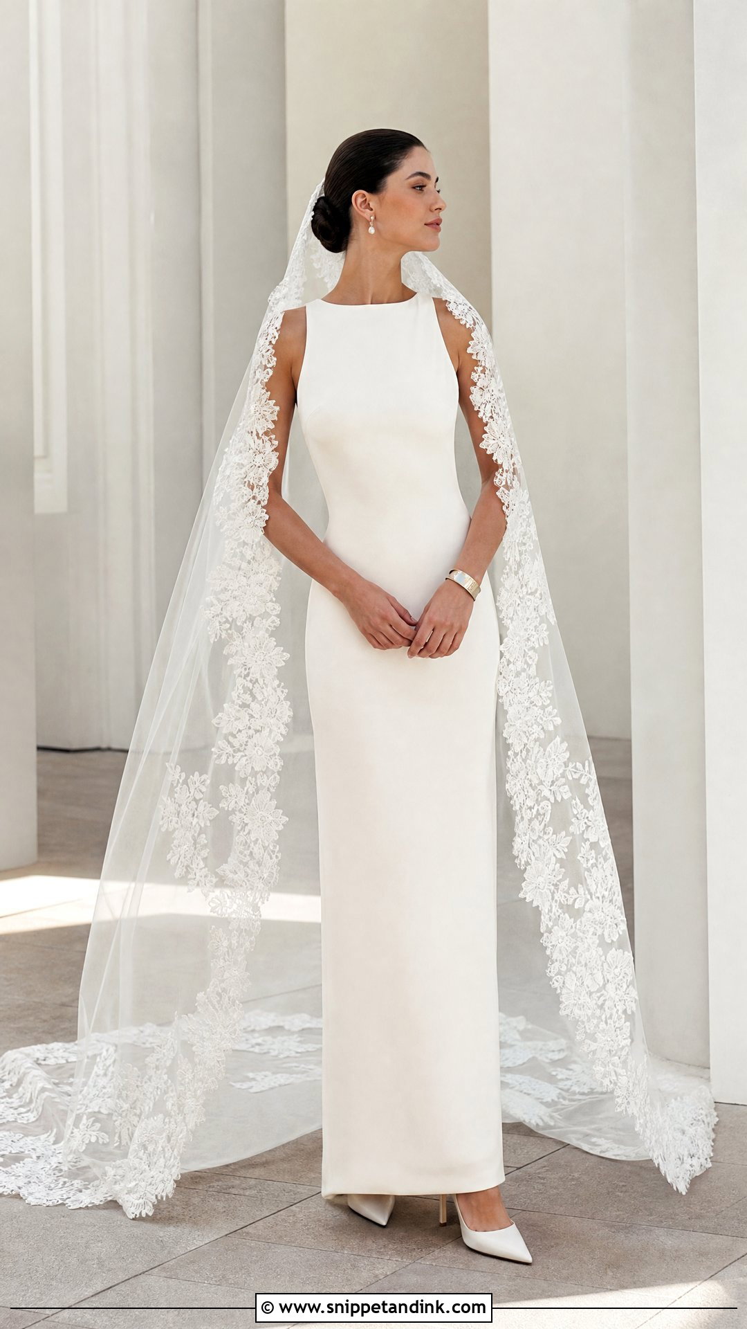 Mantilla Cathedral Veil With Minimalist Crepe Gown - Snippet and Ink - 20 Mantilla Cathedral Veil Ideas