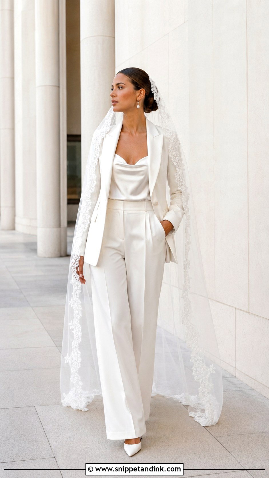 Mantilla Cathedral Veil With Modern Bridal Suit - Snippet and Ink - 20 Mantilla Cathedral Veil Ideas