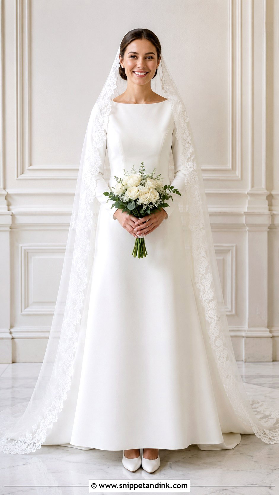 Mantilla Cathedral Veil With Modest A Line Gown - Snippet and Ink - 20 Mantilla Cathedral Veil Ideas