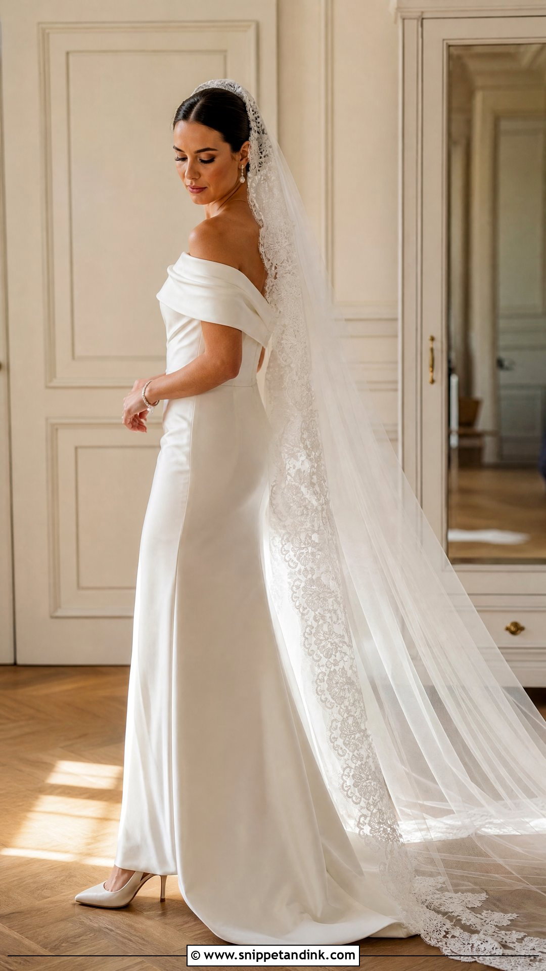 Mantilla Cathedral Veil With Off Shoulder Gown - Snippet and Ink - 20 Mantilla Cathedral Veil Ideas