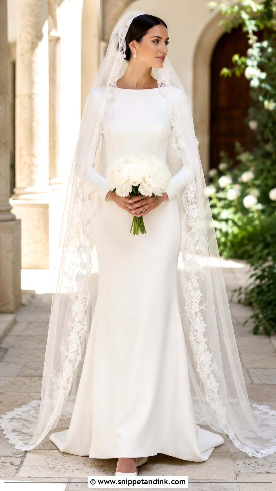 Mantilla Silk Veil With Long Sleeve Wedding Dress - Snippet and Ink - 20 Silk Veil Ideas