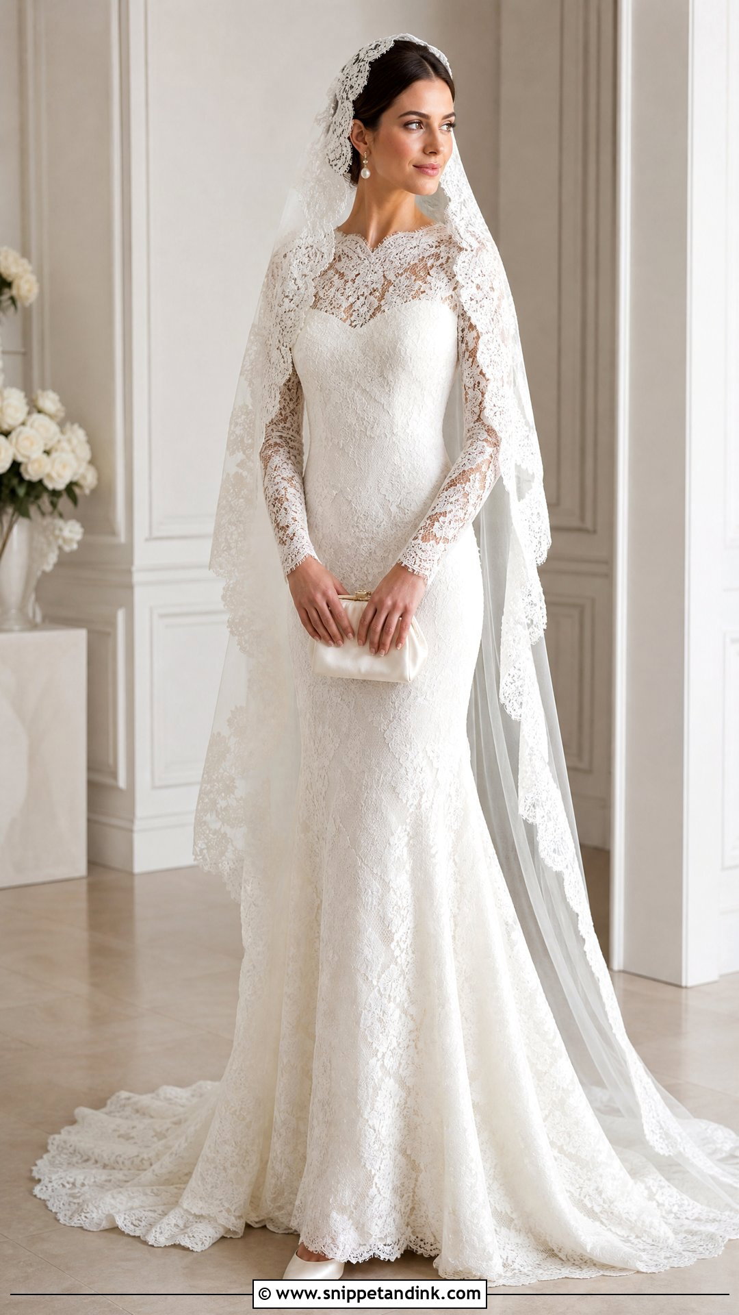 Mantilla Veil With Lace Wedding Dress - Snippet and Ink - 20 Veil Style Ideas