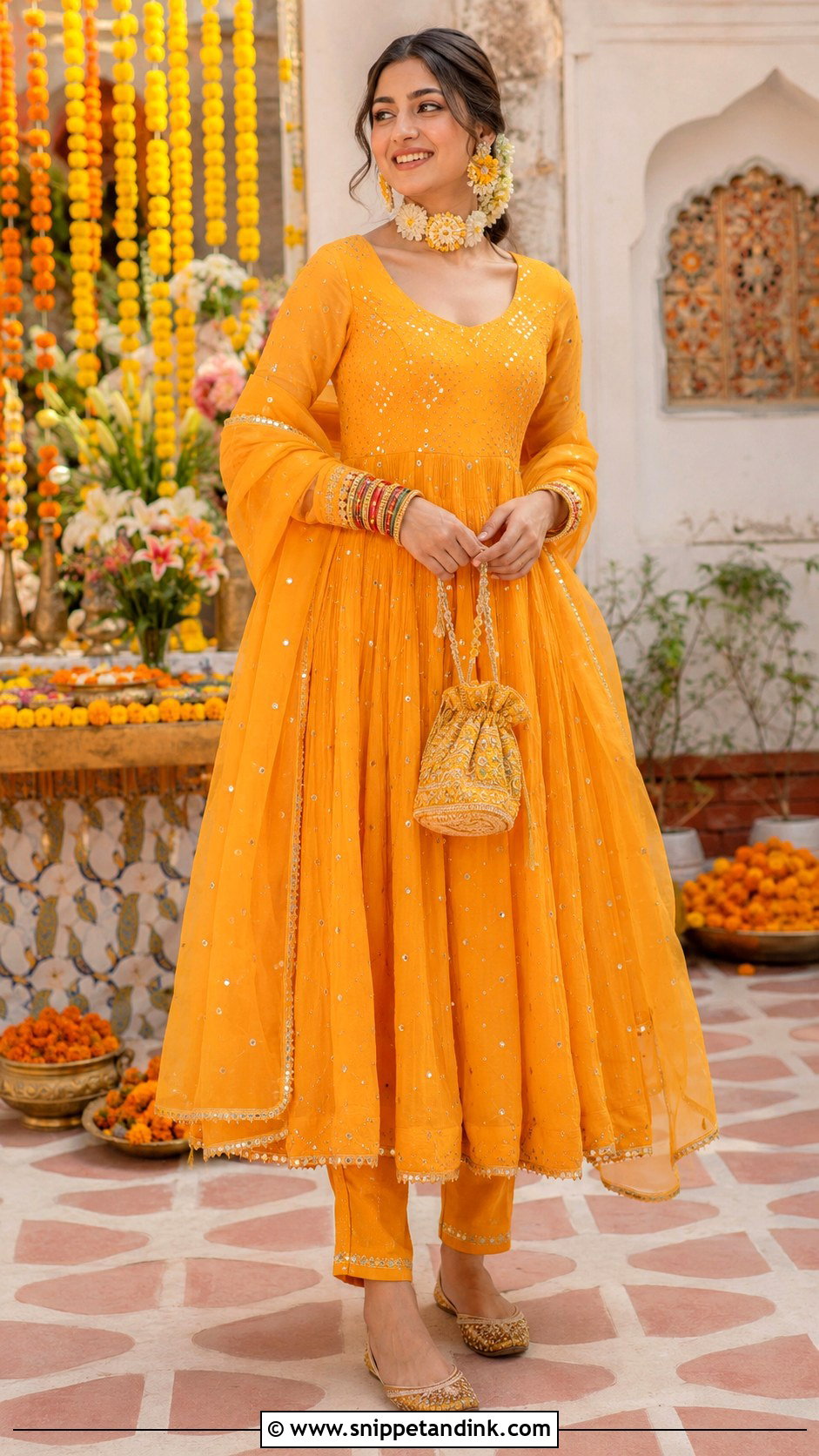 Marigold Anarkali Haldi Outfit - Snippet and Ink - 20 Haldi Outfits Ideas
