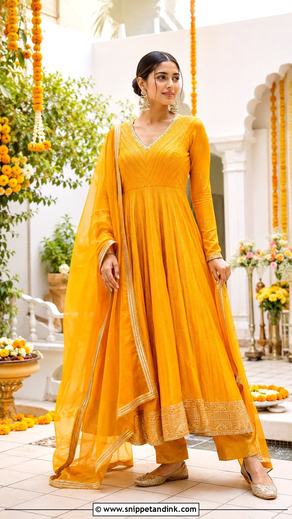 Marigold Anarkali Suit for Haldi - Snippet and Ink - 20 Haldi Theme Dress Ideas