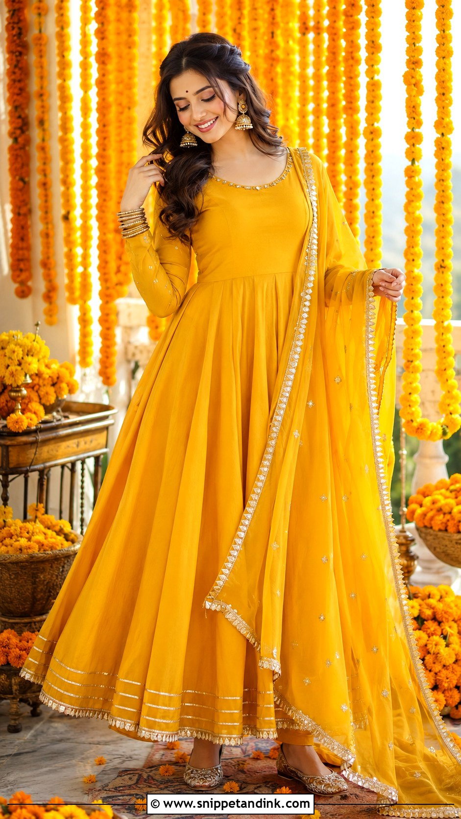 Marigold Anarkali With Dupatta For Haldi - Snippet and Ink - 25 Haldi Dress for Bride Sister Ideas