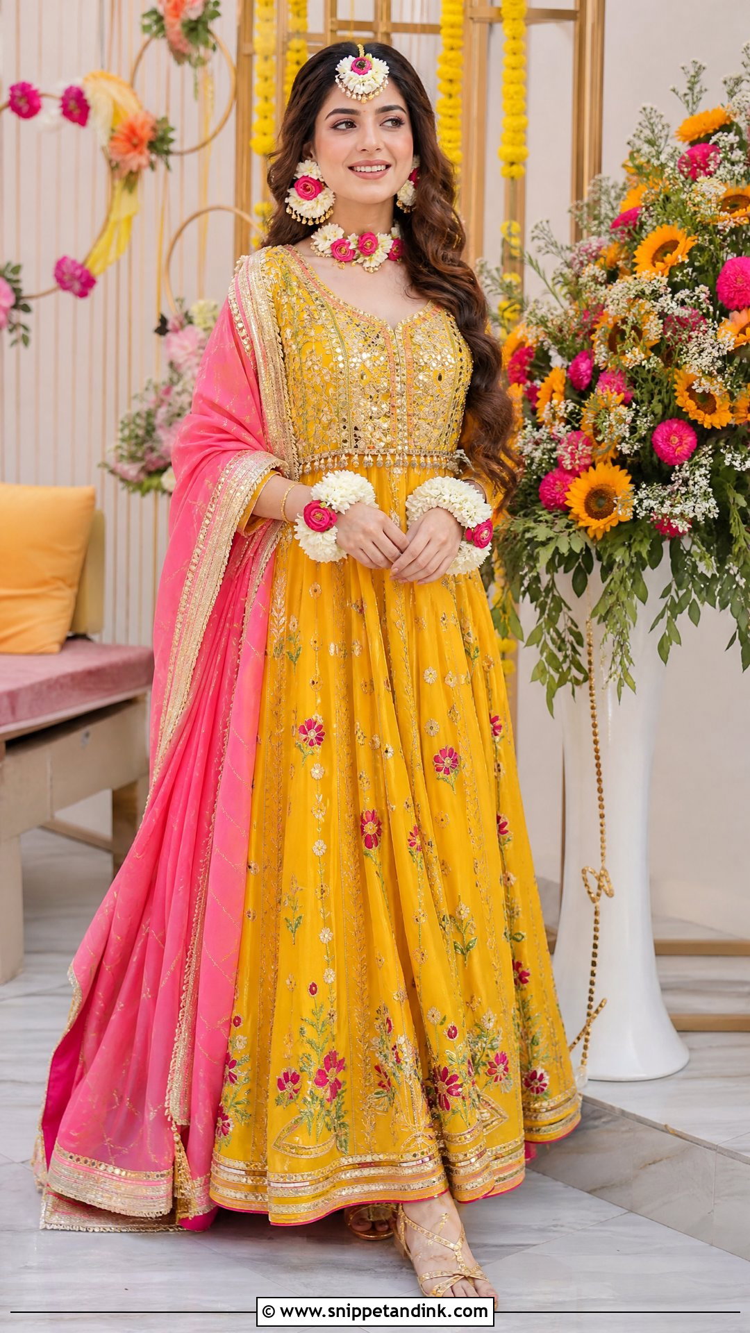 Marigold Bridal Maxi With Floral Jewelry - Snippet and Ink - 20 Pakistani Bridal Mehndi Dress Ideas